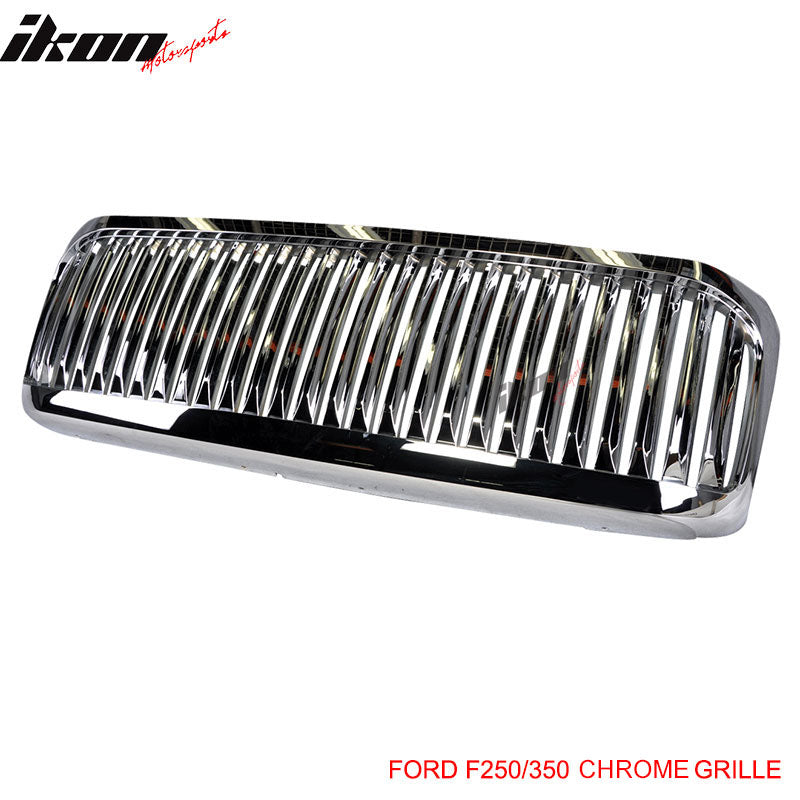 Grille Compatible With 1999-2004 Ford F250 & F350 & F450, Vertical Style ABS Chrome Front Bumper Hood Grill by IKON MOTORSPORTS, 2000 2001 2002 2003