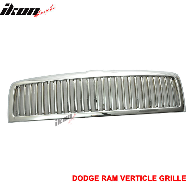 Grille Compatible With 1994-1998 Dodge Ram 1500 & 2500 & 3500, Vertical Style ABS ChromeFront Bumper Hood Grill by IKON MOTORSPORTS, 1995 1996 1997 1998 1999 2000 2001