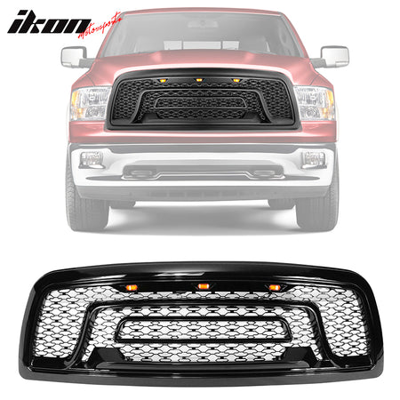 IKON MOTORSPORTS, Grille Compatible With 2013-2018 Dodge Ram 1500, 2019-2023 Ram 1500 Classic,Rebel Style Front Bumper Hood Mesh Grill Gloss Black, 2014 2015 2016 2017