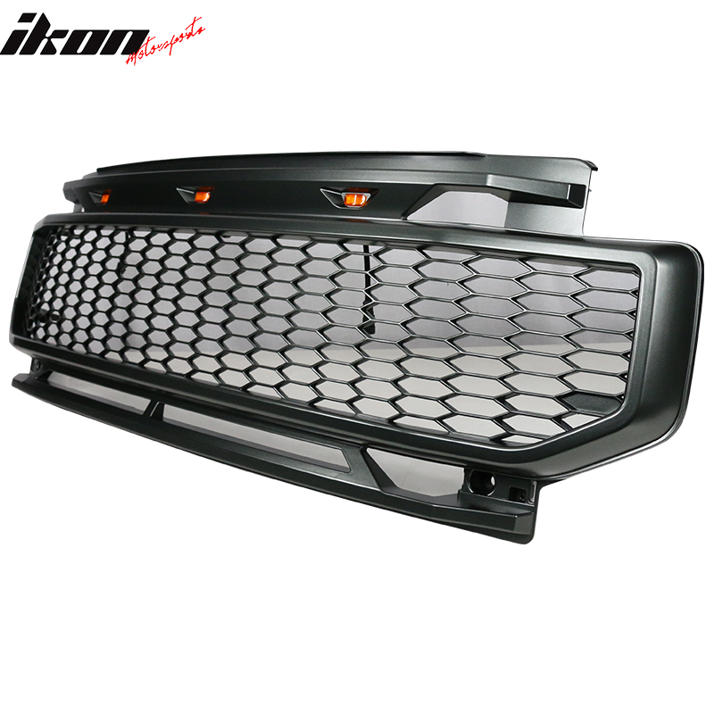 IKON MOTORSPORTS, Grille Compatible With 2020-2022 Ford F250 F350 F450 F550 F600 Super Duty, ABS Plastic R Style Front Bumper Upper Grill with 3 Amber Lights