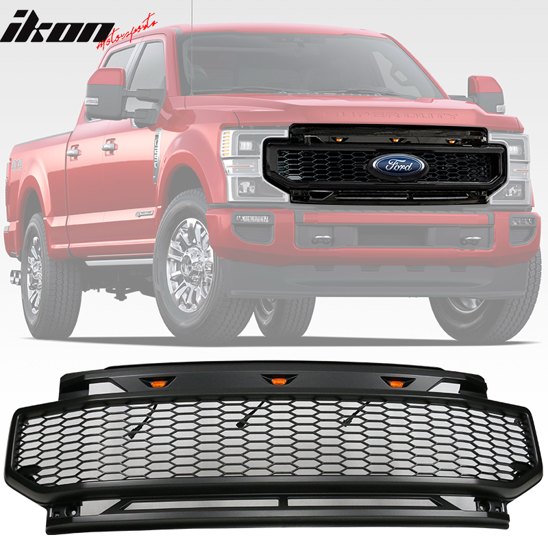 IKON MOTORSPORTS, Grille Compatible With 2020-2022 Ford F250 F350 F450 F550 F600 Super Duty, ABS Plastic R Style Front Bumper Upper Grill with 3 Amber Lights