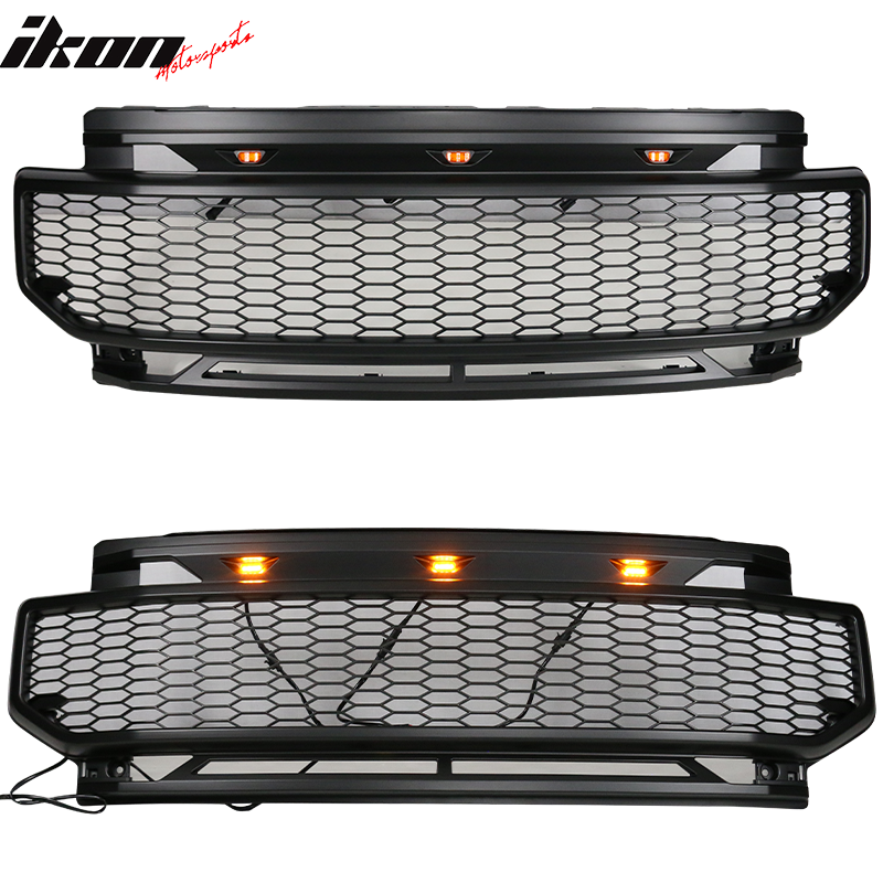 IKON MOTORSPORTS, Grille Compatible With 2020-2022 Ford F250 F350 F450 F550 F600 Super Duty, ABS Plastic R Style Front Bumper Upper Grill with 3 Amber Lights