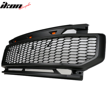 IKON MOTORSPORTS, Grille Compatible With 2020-2022 Ford F250 F350 F450 F550 F600 Super Duty, ABS Plastic R Style Front Bumper Upper Grill with 3 Amber Lights