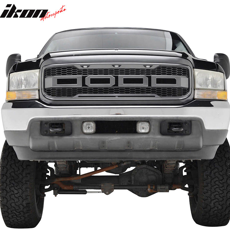 Packaged Grille Compatible With 1999-2004 F250 & F350 Super Duty, Charcoal Gray ABS Front Bumper Grill Hood Mesh Guard by IKON MOTORSPORTS