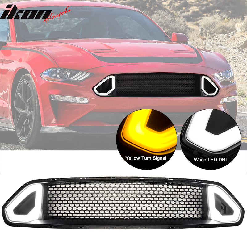 Fits 18-23 Ford Mustang RTR Style Front Bumper Honeycomb Upper Grille W/ LED