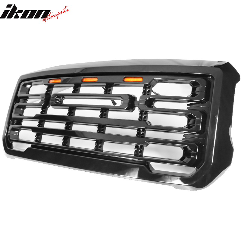 IKON MOTORSPORTS, Front Grille Compatible With 2015-2018 GMC Sierra 2500 3500, ABS Front Grille Bumper Hood Upper Shell Guard with Signal Lights, 2016 2017