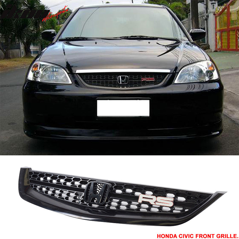 2001-2003 Honda Civic RS Style Unpainted Black Front Bumper Grille ABS