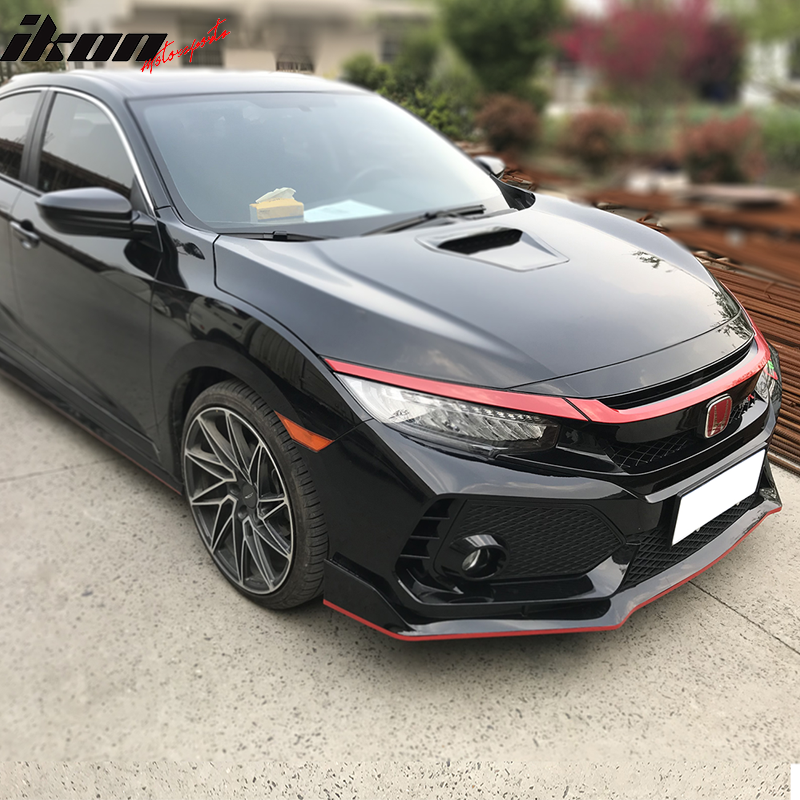 IKON MOTORSPORTS Front Upper Grille Trims Compatible with 2016-2021 Honda Civic FK8, TR Type-R Style Red ABS Plastic Replacement Front Bumper Hood Grill Overlay 3PCS