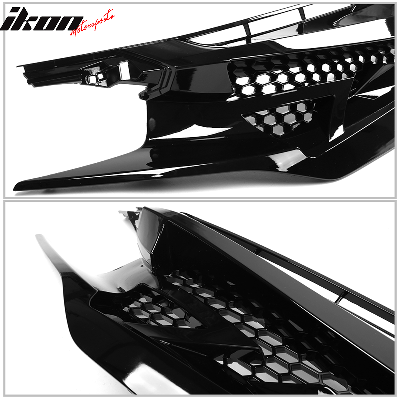 Fits 16-21 Civic 10th Gen IKON Style Gloss Black Front Hood Mesh Grille Eyebrows