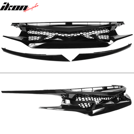 Fits 16-21 Civic 10th Gen IKON Style Gloss Black Front Hood Mesh Grille Eyebrows