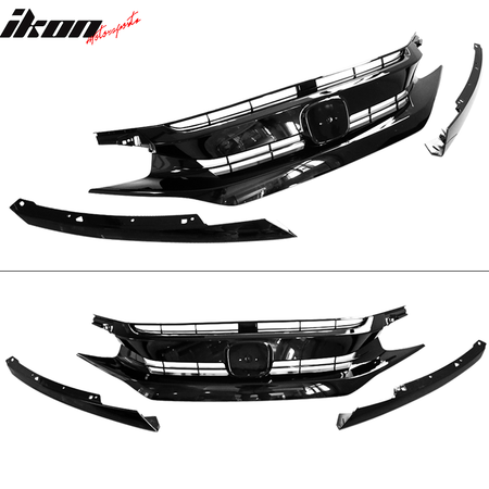 Fits 16-21 Honda Civic 10th Gen Mesh Front Bumper Hood Grille Grill Gloss Black