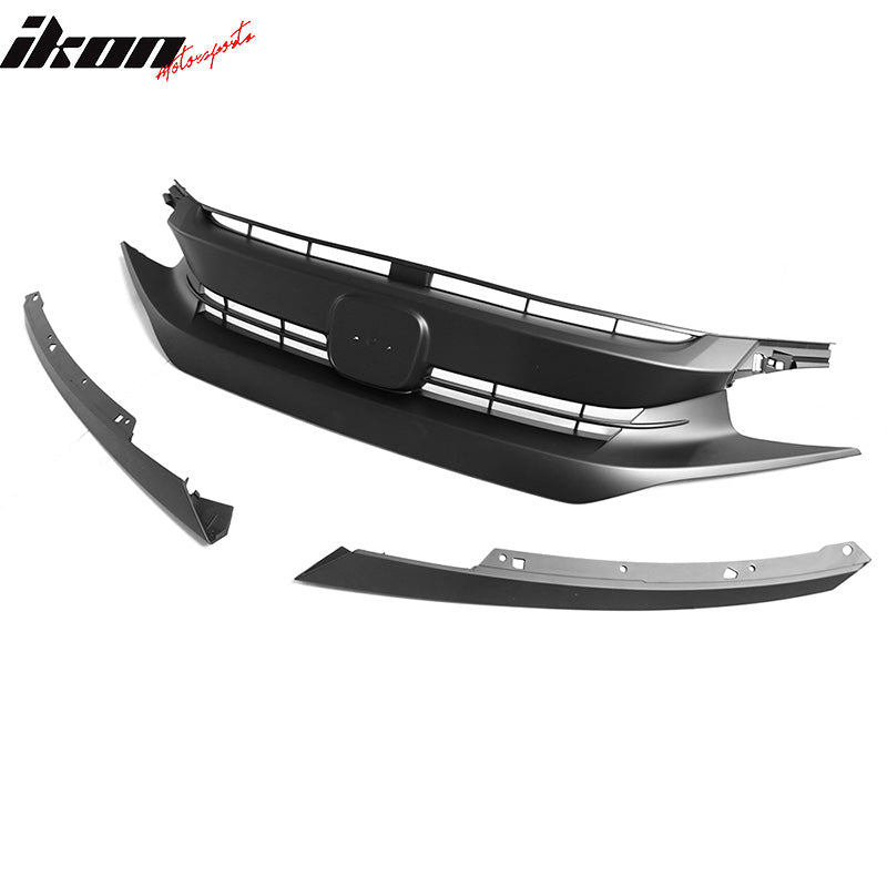 Fits 16-21 Honda Civic 10th OE Style Front Bumper Hood Grille Grill Matte Black