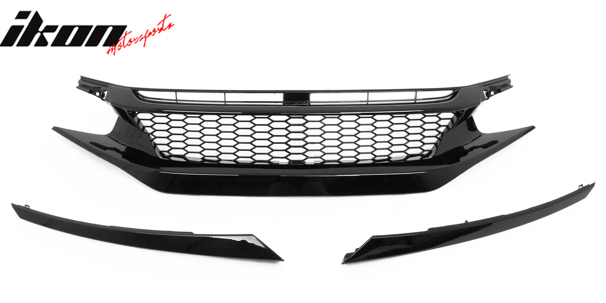 Fits 19-21 Honda Civic Sedan Honeycomb Gloss Black Front Bumper Upper Grille ABS