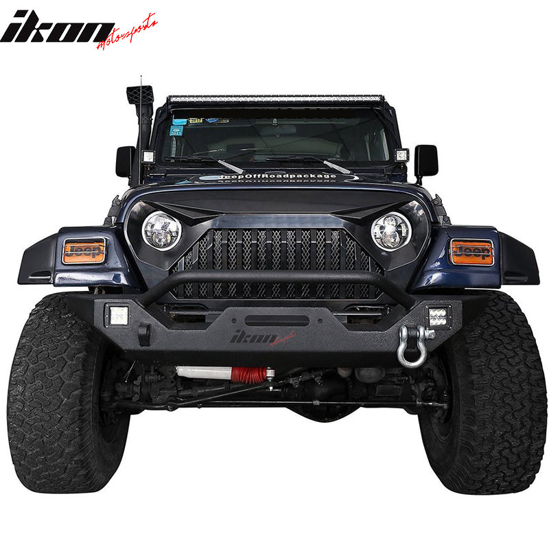 Front Grille Compatible With 1997-2006 Jeep Wrangler TJ, V2 Style Black ABS Gladiator Angry Bird Hood Grille Front Guard Protection By IKON MOTORSPORTS, 1998 1999 2000 2001 2002 2003 2004 2005