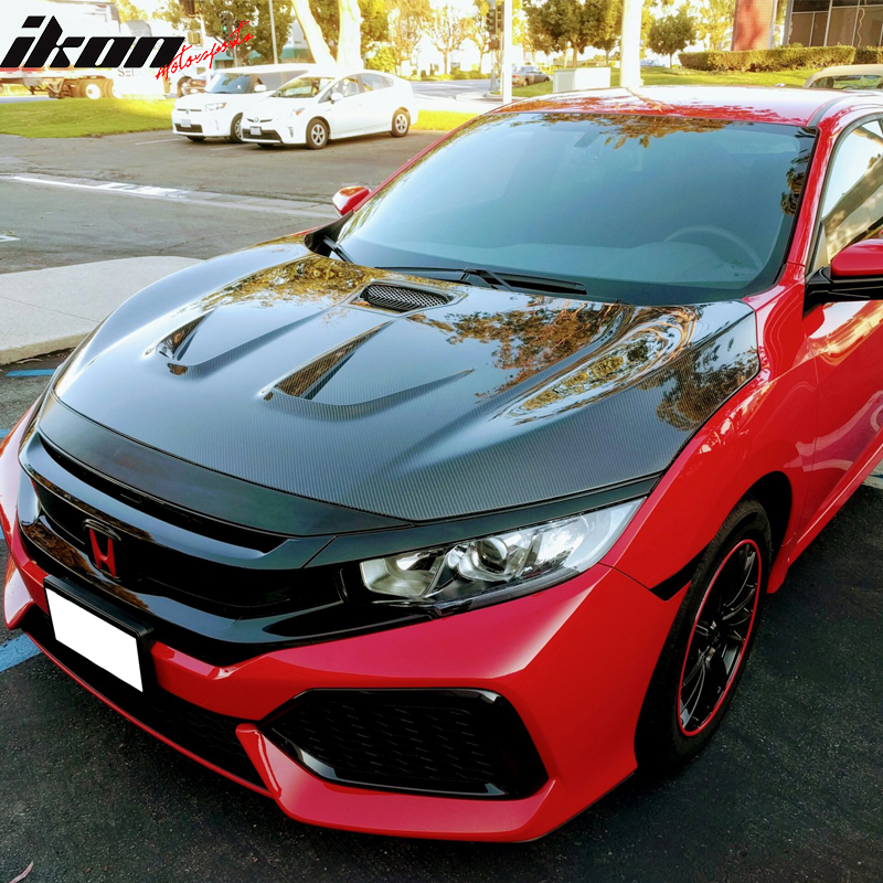 Front Hood Bonnet Lip Compatible With 2016-2018 Honda Civic, Glossy Black Bumper Bonnet Lip Guards Cover Vent By IKON MOTORSPORTS, 2017