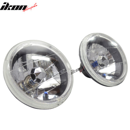 Headlights Compatible With Any Car With 7" Headlights, 7 Inch Round H4 Headlight Lamp With Halo Halogen Bulb Clear Lens Blue City Light by IKON MOTORSPORTS