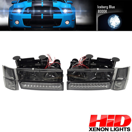 Compatible With 1992-1994 Chevy Blazer Smoked Lens Headlights Corner LED Bumper Light 8Pc 8000K HID