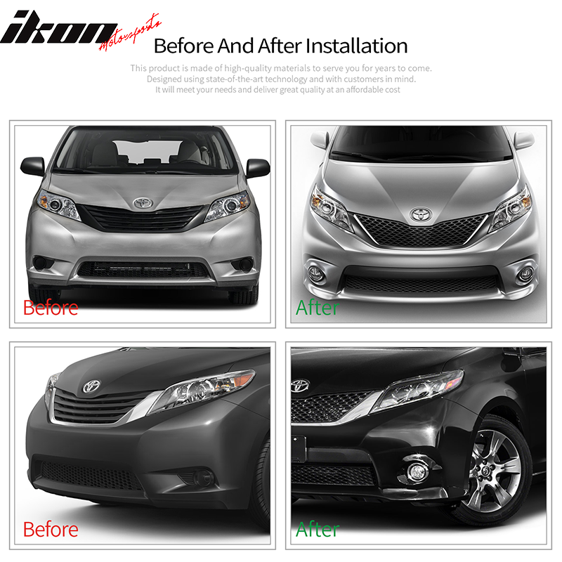 Front Bumper Compatible With 2011-2015 Toyota Sienna, SE Style Unpainted Black PP Front Body Kit Upper Lower Grill Right Left Fog Bezel Dam Chin Diffuser by IKON MOTORSPORTS, 2012 2013 2014 2015