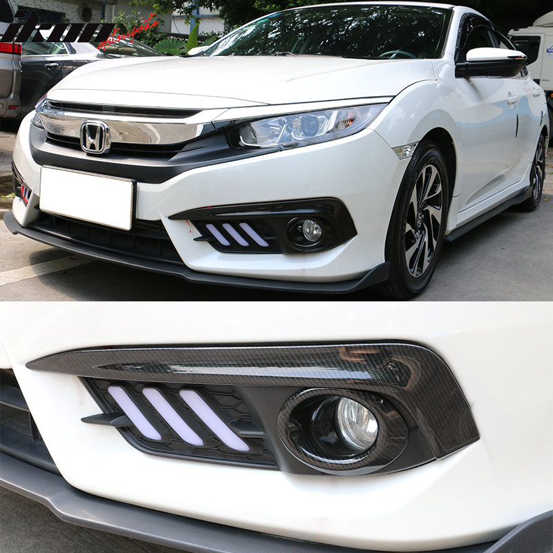 IKON MOTORSPORTS, Eye Lid Compatible With 2016-2018 Honda Civic, Black CF Look Fog Light Lamps Eyebrow Replacement Cover