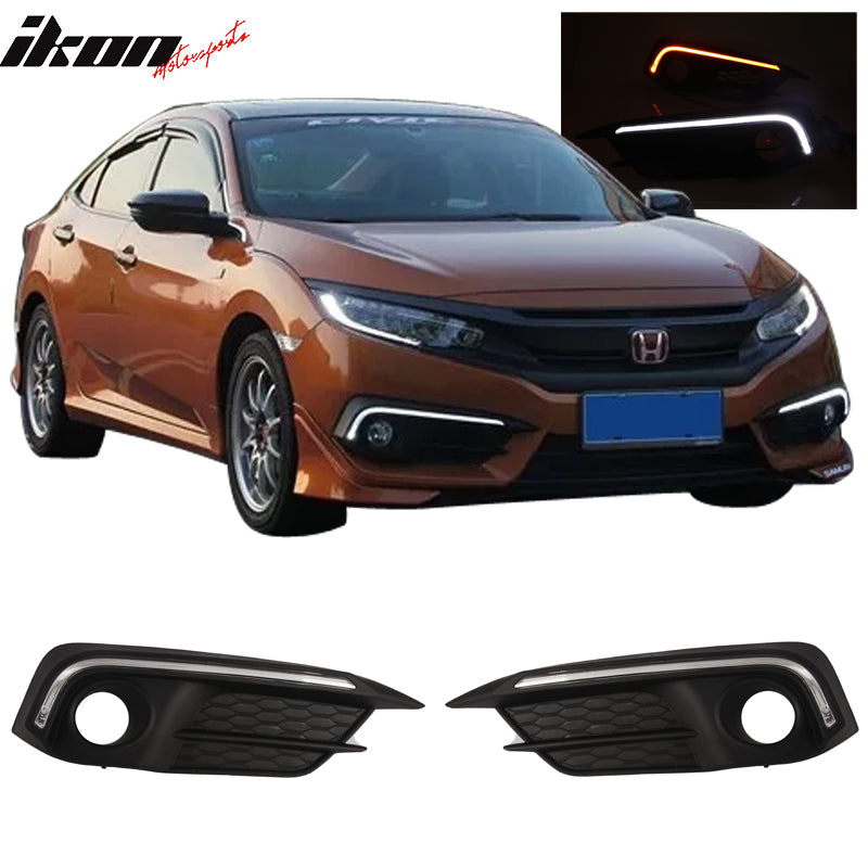 IKON MOTORSPORTS, DRL Lights & Fog Cover & Lamp Compatible With 2016-2018 Honda Civic 2 & 4Dr, ABS Clear Lens Left Right Pairs