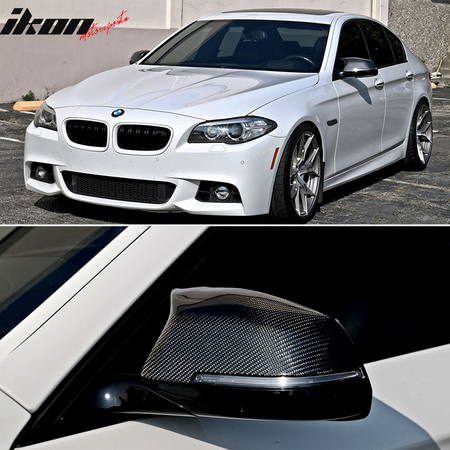 IKON MOTORSPORTS, Mirror Cover Compatible With 2014-2016 BMW 5 Series F07 F10 F11, Matte Carbon Fiber + PP Side Rear View Mirror Covers Pair, 2015