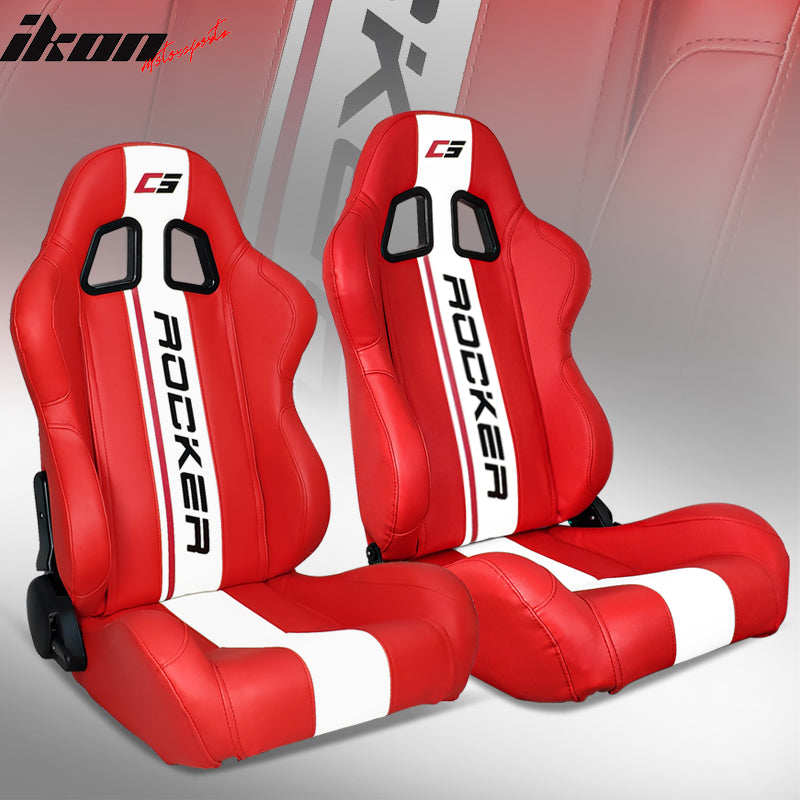 IKON MOTORSPORTS, Universal Racing Seats with Dual Sliders, Reclinable PU Leather Stripe Sport Bucket Seats, 1 Pair Driver + Passenger Side