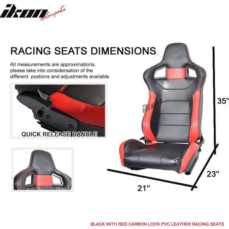 Racing Seat Compatible With Most Vehicles Bucket Style Carbon Fiber Print Black/Red PVC Leather Pair by IKON MOTORSPORTS, 1997 1998 1999 2000 2001 2002 2003 2004 2005 2006 2007 2008 2009 2010 2011