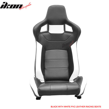 Universal Pair Reclinable Sport Racing Seats PVC Leather Black White & Slider