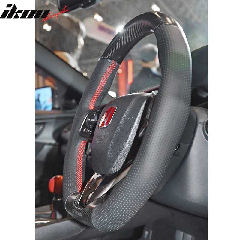 IKON MOTORSPORTS, Steering Wheel Compatible With 2017-2021 Honda Civic, 10th Gen Type R Mugen Sports FK8 Dry Carbon Fiber + Leather Car Steering Wheel, 2018 2019 2020