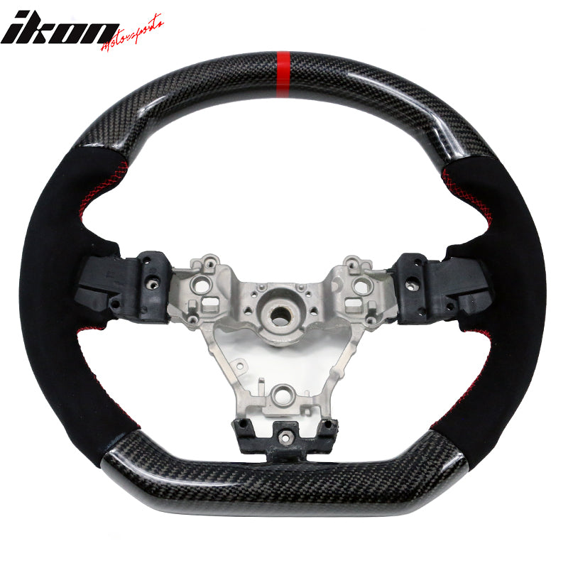 IKON MOTORSPORTS Steering Wheel Compatible With 2015-2021 Subaru WRX & STI w/ Breathable Anti-Slip Matte Carbon+Alcantara+Red Stitching+Red Line