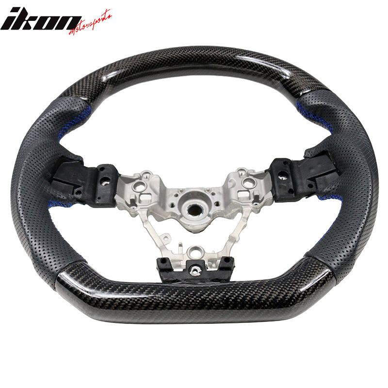 IKON MOTORSPORTS Steering Wheel Compatible With 2015-2021 Subaru WRX & STI w/ Breathable Anti-Slip Matte CF + Perforated Leather + Blue Stitching