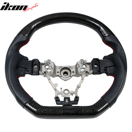 IKON MOTORSPORTS Steering Wheel Compatible With 2015-2021 Subaru WRX & STI w/ Breathable Anti-Slip Matte CF + Perforated Leather + Red Stitching