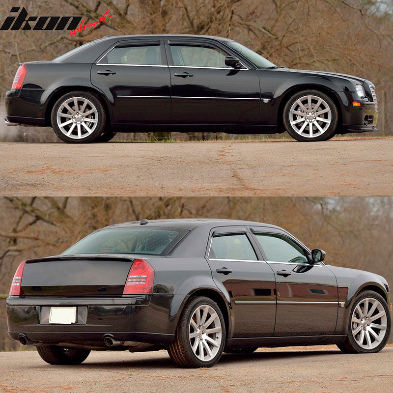 IKON MOTORSPORTS, Tape on External Window Visors Compatible With 2005-2010 Chrysler 300, 2005-2008 Dodge Magnum, Slim Style Acrylic Smoke Tinted 4PCS Sun Rain Shade Guard Wind Vent Air Deflector