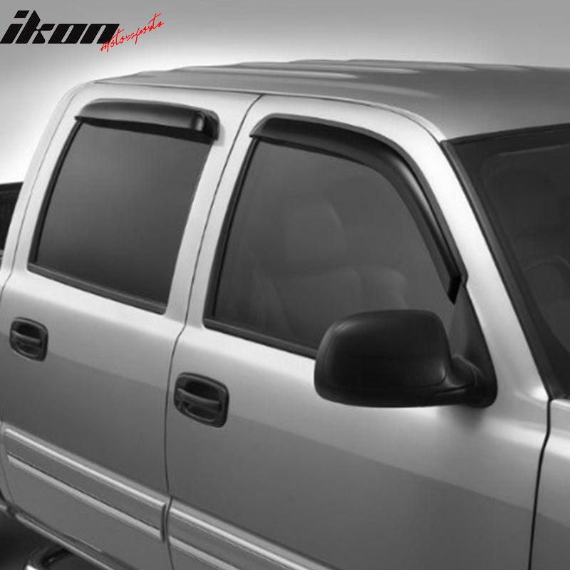 IKON MOTORSPORTS Tape On External Window Visor, Compatible With 2007-2014 Chevrolet Silverado & GMC Sierra Crew Cab, Slim Style Acrylic Smoke Tinted Sun Rain Shade Guard Wind Vent Air Deflector