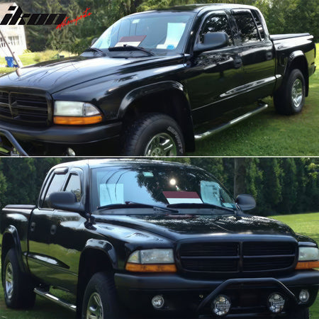 In Channel Window Visor Compatible With 2000-2004 Dodge Dakota Crew Cab, Slim Style Acrylic Smoke Tinted Sun Rain Shade Guard Wind Vent Air Deflector by IKON MOTORSPORTS, 2001 2002 2003