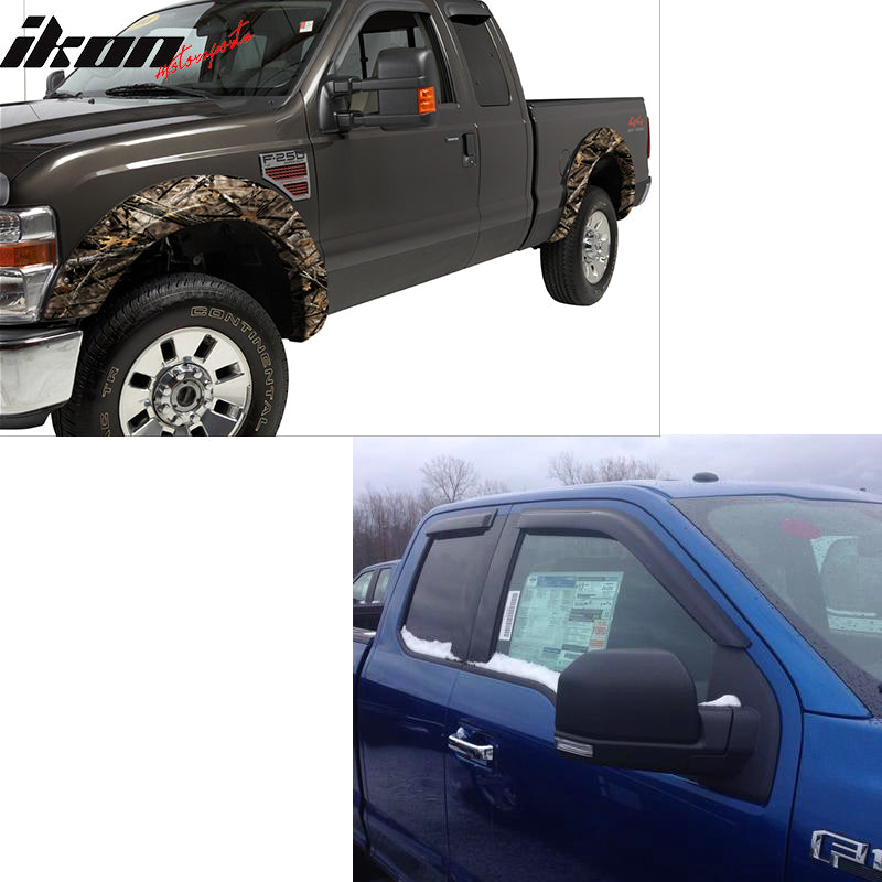 IKON MOTORSPORTS Tape On External Window Visor, Compatible With 2015-2024 Ford F150 2017-2024 F250 F350 F450 Extended Super Cab , Slim Style Acrylic Black Sun Rain Guards Cover