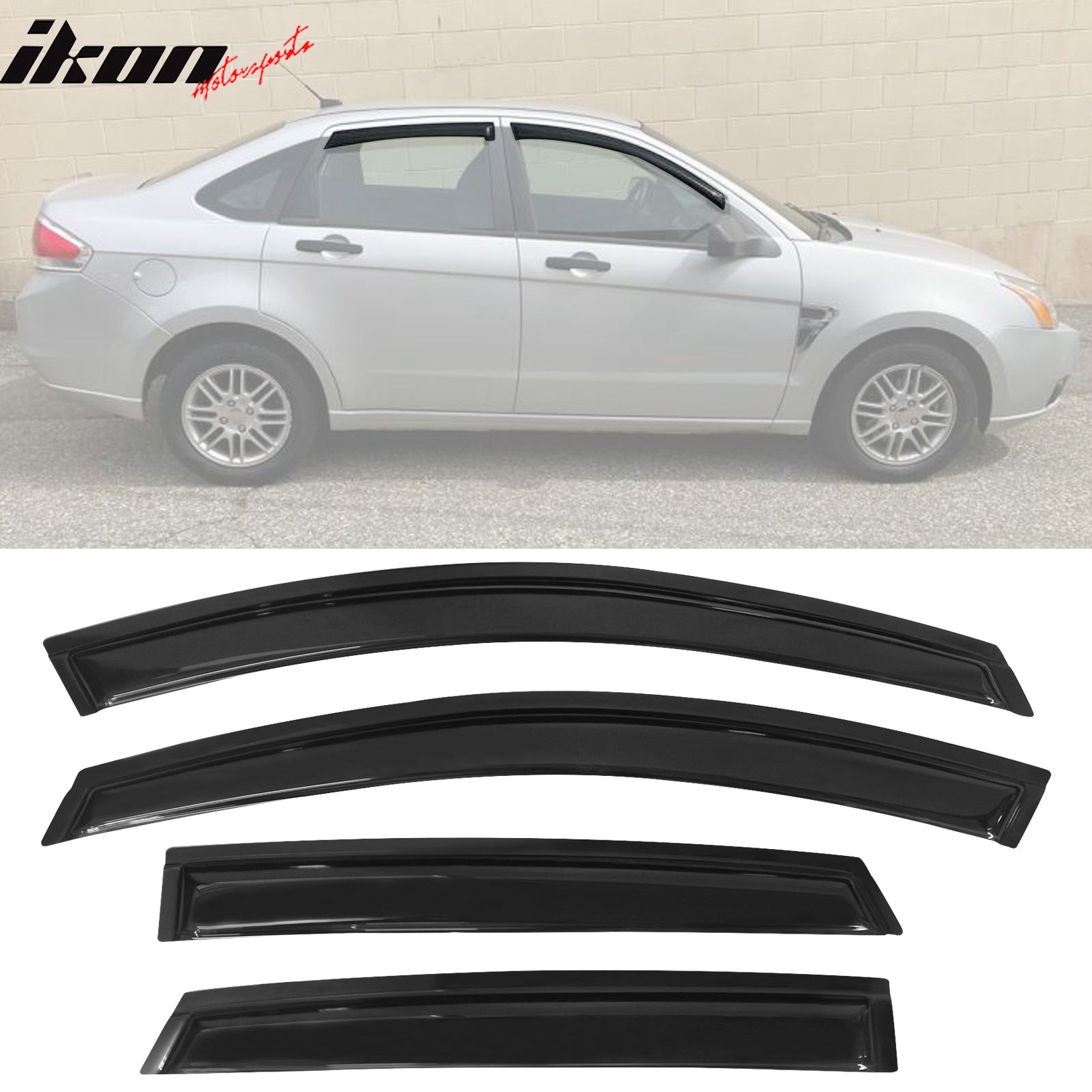 Window Visor Compatible With 2008-2011 Ford Focus Sedan, Smoke Tinted Semi-Transparent Acrylic Shade Rain Sun Guard Wind Vent Air Deflector by IKON MOTORSPORTS, 2009 2010