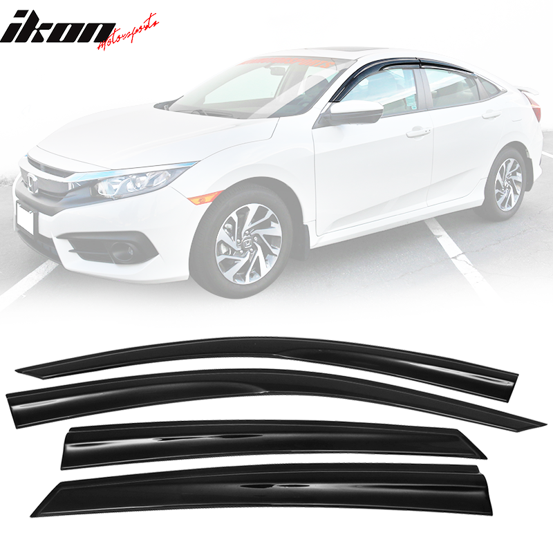 IKON MOTORSPORTS, Window Visor Compatible With 2016-2021 Honda Civic Sedan Vent Sun Shade Rain Guards Side Window Deflectors