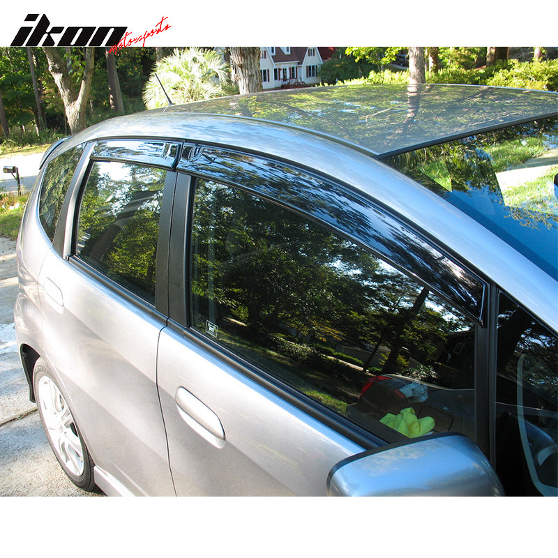 Window Visor Compatible With 2009-2014 HONDA FIT 4 DOOR, Slim Style Acrylic Smoke Tinted & Semi-Transparent Sun Rain Wind Guards Shield Vent by IKON MOTORSPORTS, 2010 2011 2012 2013