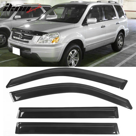 IKON MOTORSPORTS Tape On External Window Visor, Compatible with 2003-2008 Honda Pilot, Slim Style Acrylic Black Sun Rain Wind Guards Cover 4Pcs Set