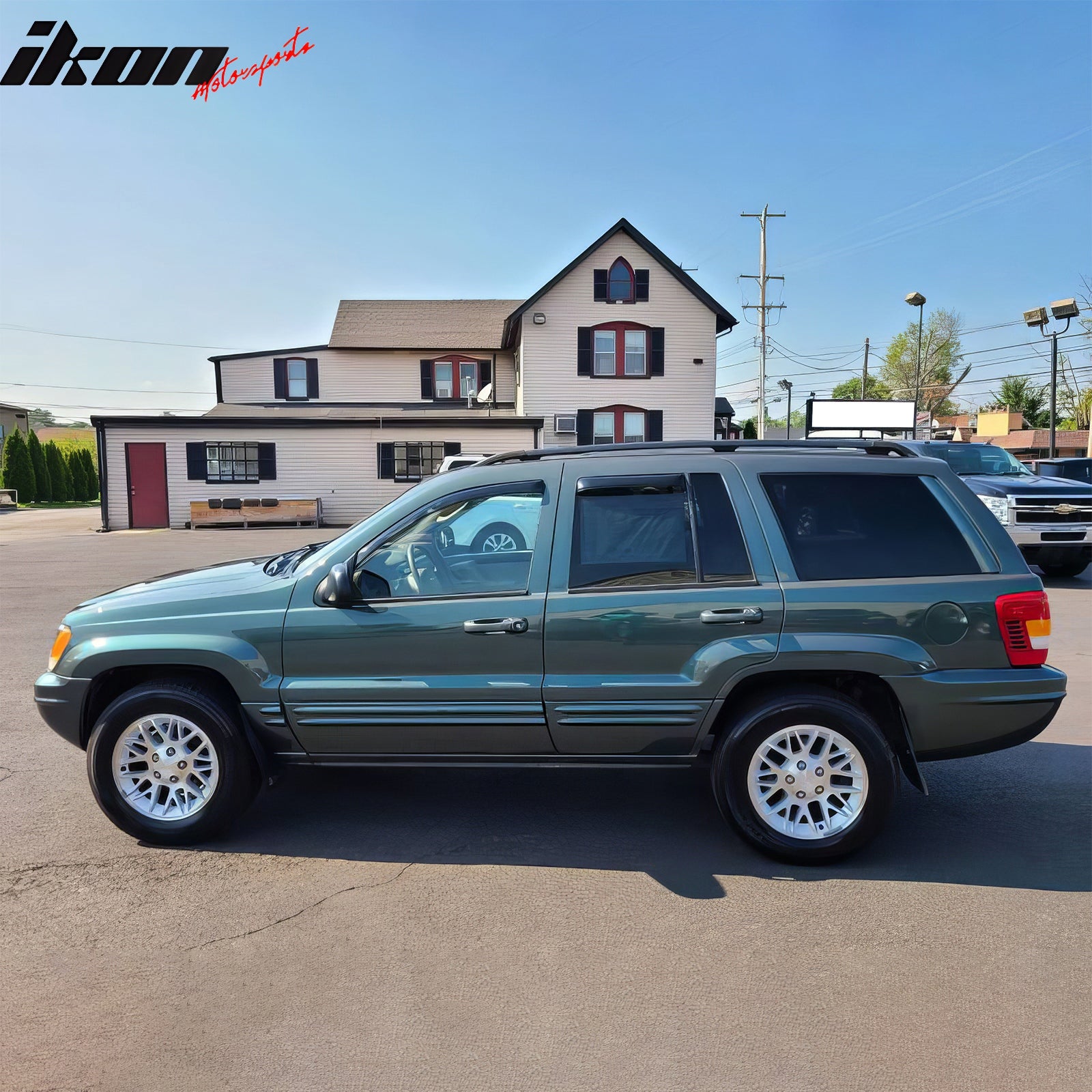 Tape on Outside Mount Window Visors Compatible With 1999-2004 Jeep Grand Cherokee, Rain Wind Guard 4PCS - Acrylic by IKON MOTORSPORTS, 2000 2001 2002 2003