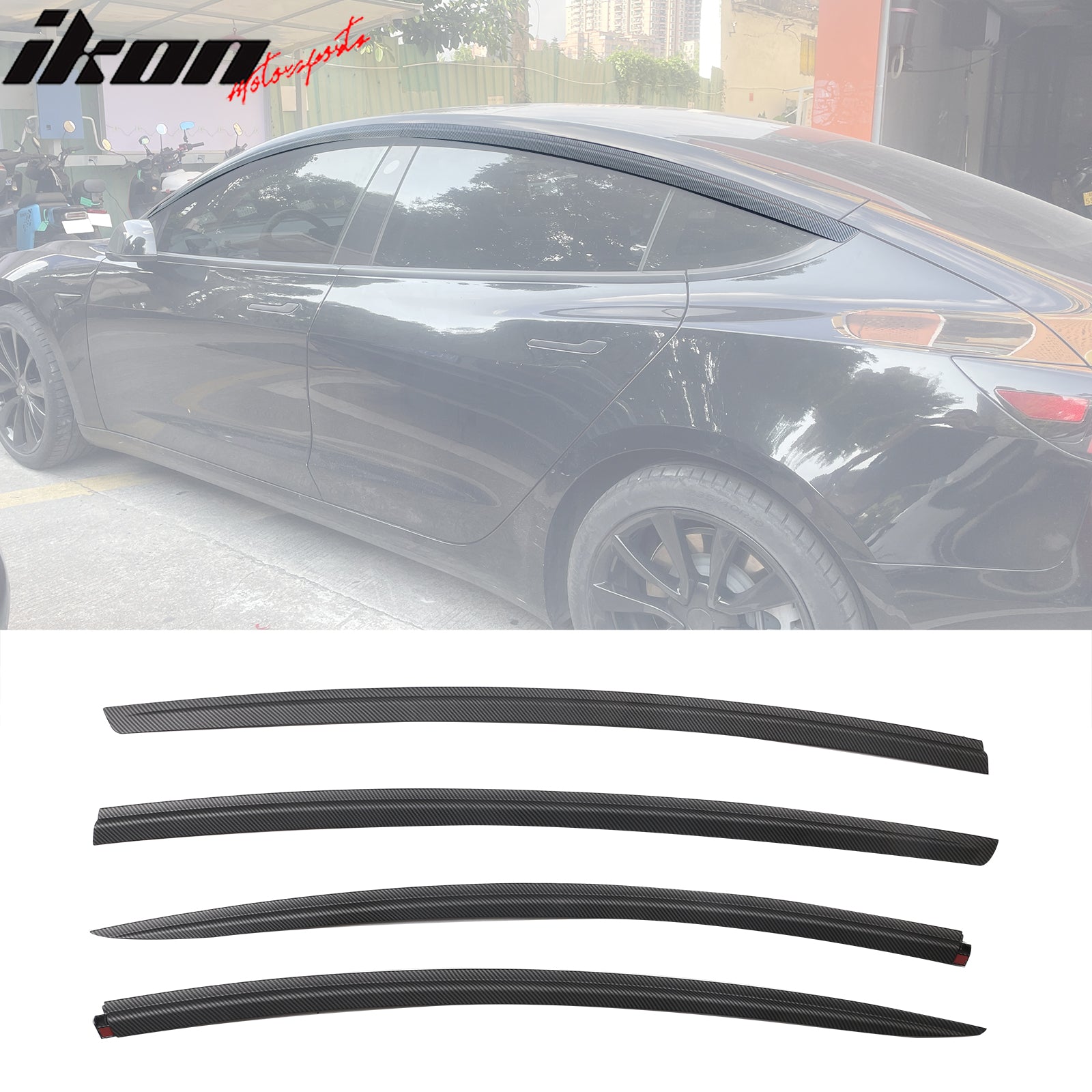 IKON MOTORSPORTS, Window Visors Compatible With 2017-2023 Tesla Model 3 All Models, Tape-on ABS Rain Sun Guards 4PCS