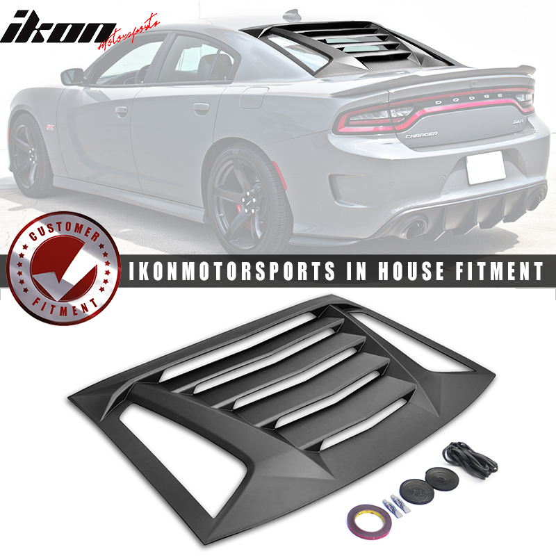 IKON MOTORSPORTS Window Louvers Compatible With 2011-2023 Dodge Charger, IKON V2 Style Rear Window Louver Sun Rain Guards Vent Deflector Gloss Black / Matte Black / Carbon Fiber Print