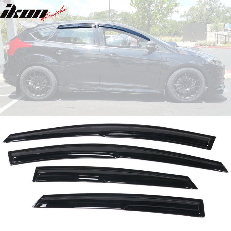 Window Visor Compatible With 2012-2018 Ford Focus, Acrylic Smoke Tinted Sun Rain Shade Guard Wind Deflector Air Vent by IKON MOTORSPORTS, 2013 2014 2015 2016 2017