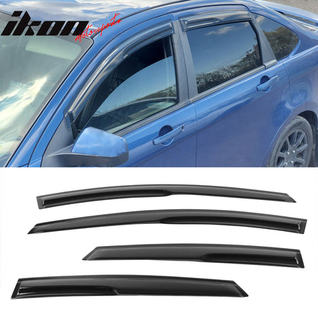 Window Visor Compatible With 2008-2011 Ford Focus Sedan, Smoke Tinted Semi-Transparent Acrylic Shade Rain Sun Guard Wind Vent Air Deflector by IKON MOTORSPORTS, 2009 2010