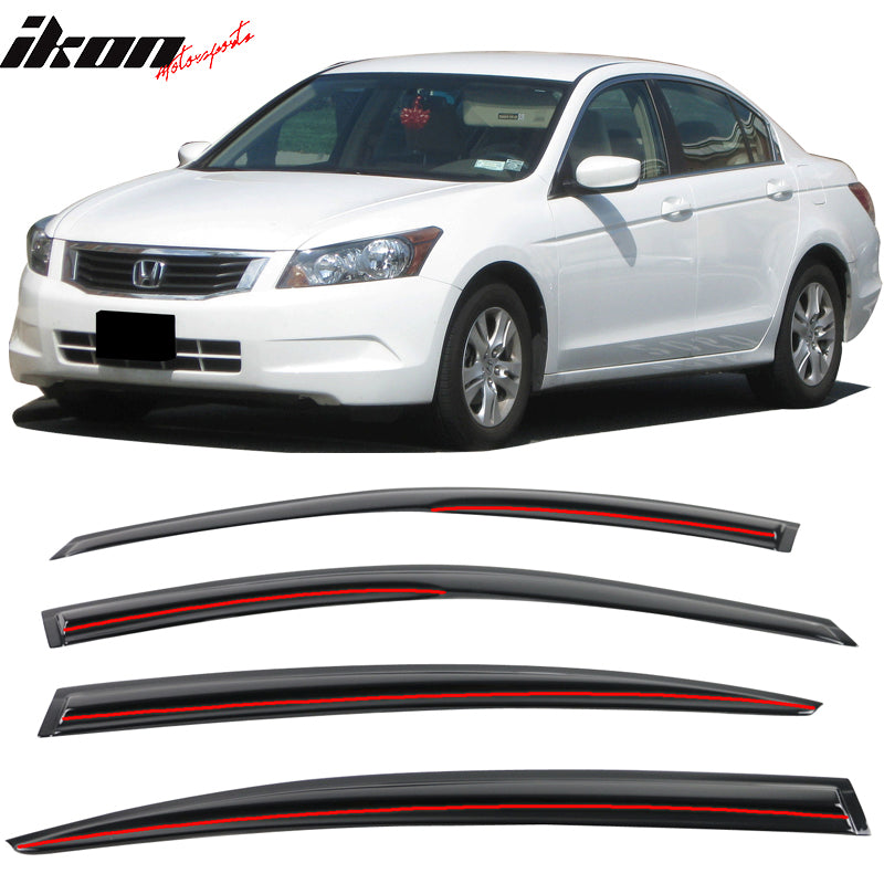 IKON MOTORSPORTS Tape On External Window Visor, Compatible With 2008-2012 Honda Accord 4 Door, Smoke Tinted & Semi-Transparent Sun Rain Wind Guards Shield Vent