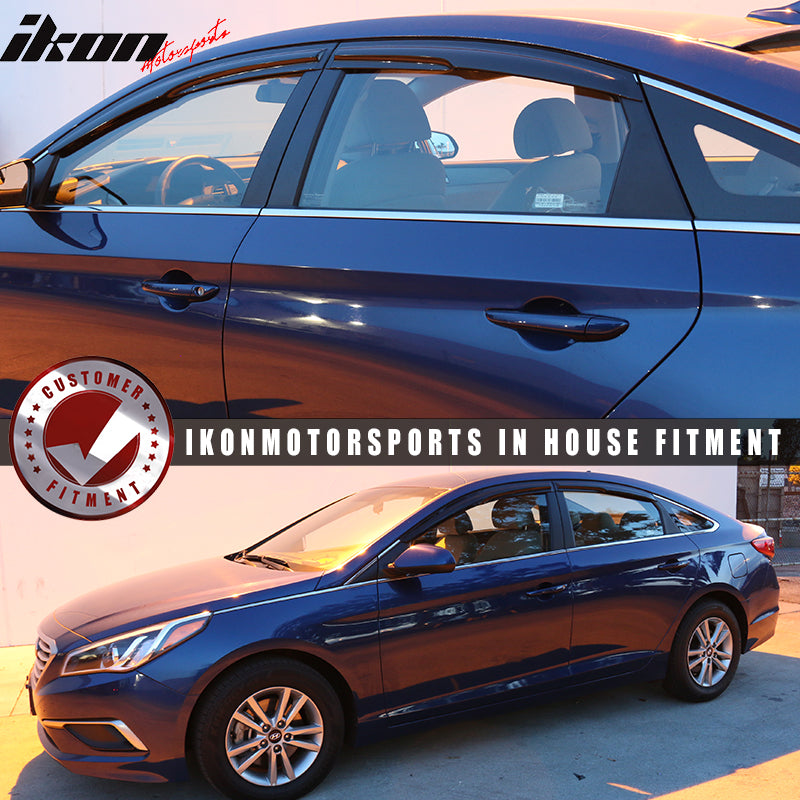 IKON MOTORSPORTS Window Visors Compatible With 2015-2019 Hyundai Sonata, Smoked Aero JDM Wind Deflectors Stick On Sun Rain Wind Window Guards