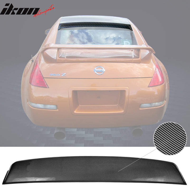 IKON MOTORSPORTS, Roof Spoiler Compatible With 2003-2008 Nissan 350Z Coupe, Matte Black, Gloss Black,  Carbon Fiber Print, Rear Window Visor Roof Lip Spoiler Wing PP, 2004 2005 2006 2007