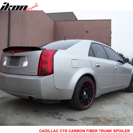 IKON MOTORSPORTS, Trunk Spoiler Compatible With 2003-2007 Cadillac CTS Sedan , Matte Carbon Fiber Factory Style Rear Spoiler Wing, 2004 2005 2006