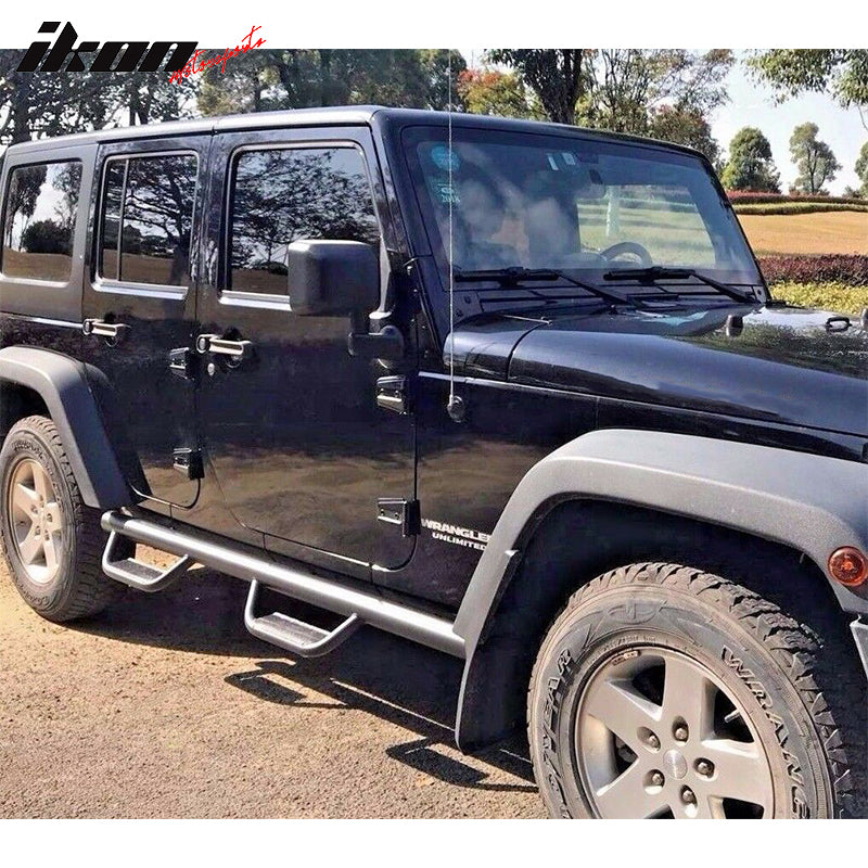 IKON MOTORSPORTS, Running Board Compatible With 2007-2018 Jeep Wrangler JK 4-Door, Black Off Road Side Step Armor Nerf Bar Pair, 2008 2009 2010 2011 2012 2013 2014 2015 2016 2017